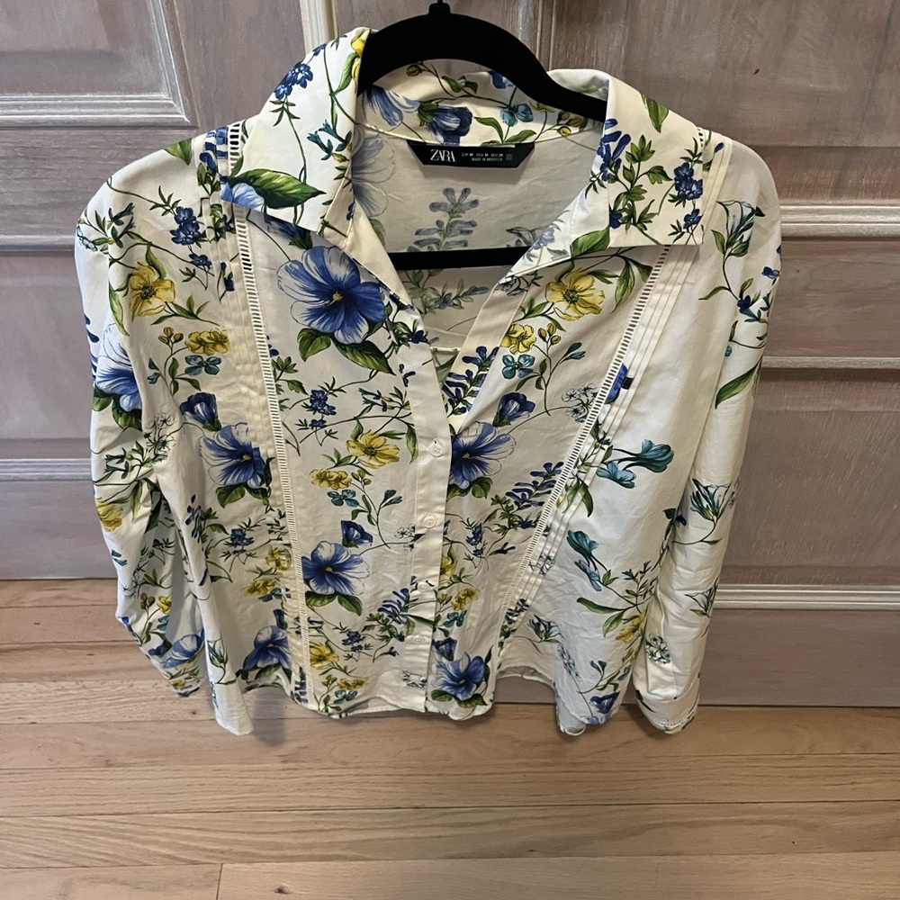 Zara Women's Floral Blouse - White and Blue